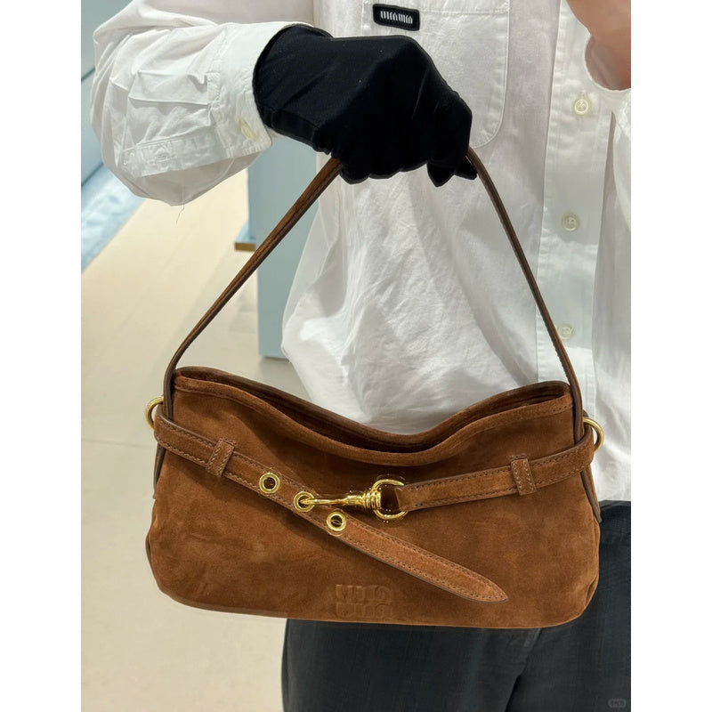 Miu Sheepskin Underarm Suede Commuter Vintage Handbag Shoulder Baguette High-Quality Texture Tote Bag