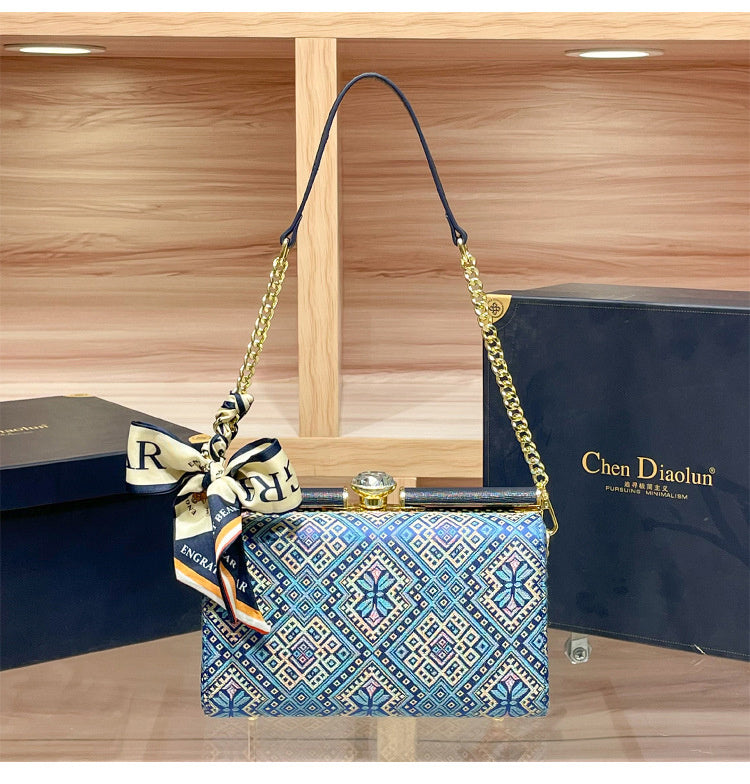 2026 New Model Diamond-Studded Box Embroidered Style Women's Chinese Single-Shoulder Underarm Evening Bag, Crossbody Bag