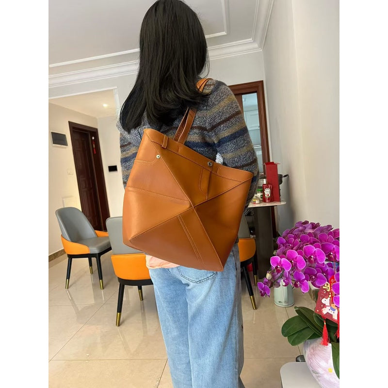 2026 Luojia New Top Layer Cowhide Foldable Geometric Large Capacity Genuine Leather Shoulder Fashion Tote Bag