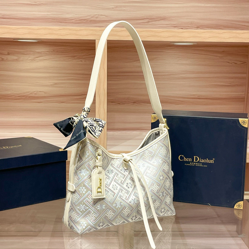 Hong Kong Genuine Leather Brocade Tote 2026 New Women's Popular High-end Large Capacity Shoulder Underarm Bag