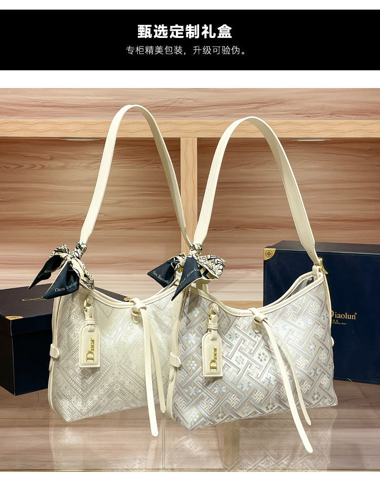 Hong Kong Genuine Leather Brocade Tote 2026 New Women's Popular High-end Large Capacity Shoulder Underarm Bag