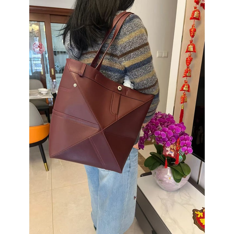 2026 Luojia New Top Layer Cowhide Foldable Geometric Large Capacity Genuine Leather Shoulder Fashion Tote Bag