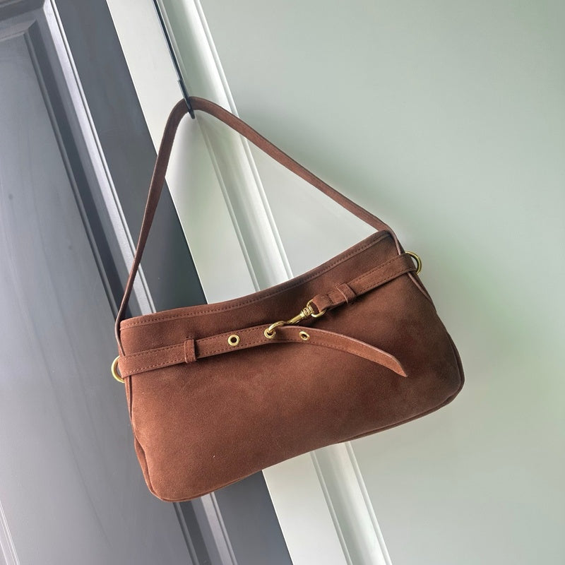Miu Sheepskin Underarm Suede Commuter Vintage Handbag Shoulder Baguette High-Quality Texture Tote Bag