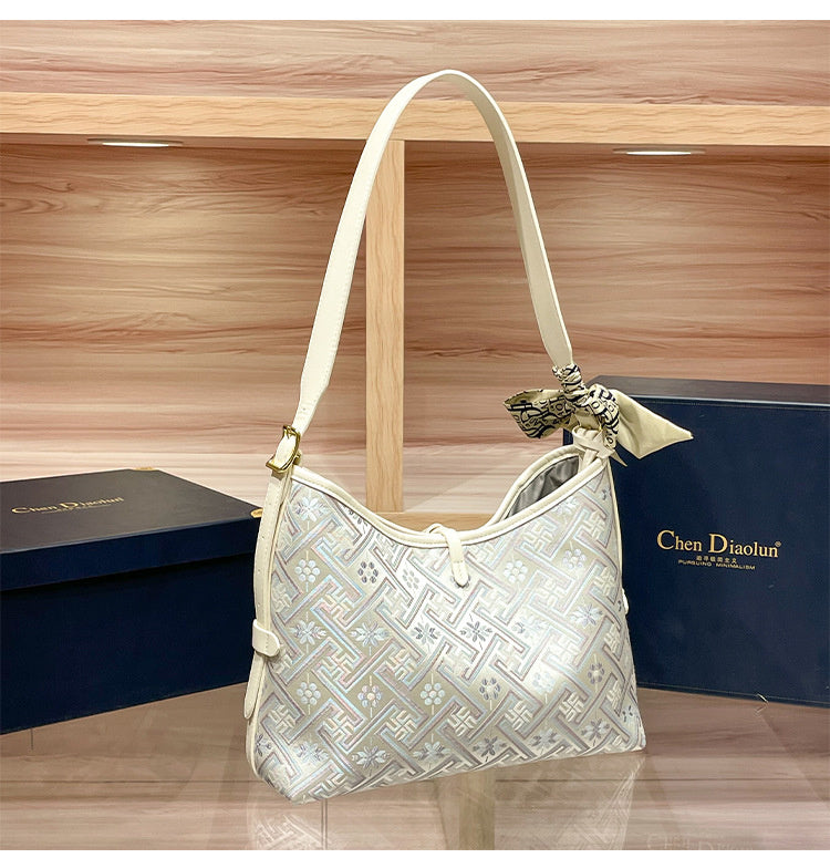 Hong Kong Genuine Leather Brocade Tote 2026 New Women's Popular High-end Large Capacity Shoulder Underarm Bag