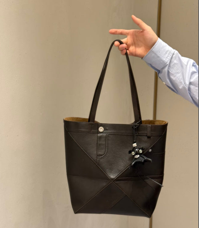 2026 Luojia New Top Layer Cowhide Foldable Geometric Large Capacity Genuine Leather Shoulder Fashion Tote Bag