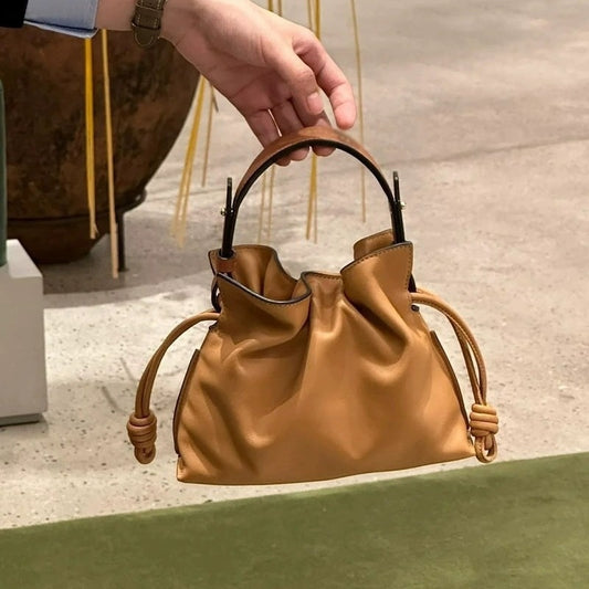 Luo's High-End Handheld Lucky Mini Small Bucket Drawstring Soft Genuine Leather Cloud Crossbody Women's Bag