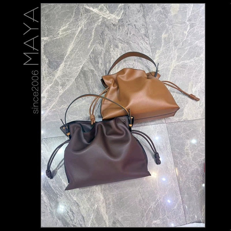Luo's High-End Handheld Lucky Mini Small Bucket Drawstring Soft Genuine Leather Cloud Crossbody Women's Bag