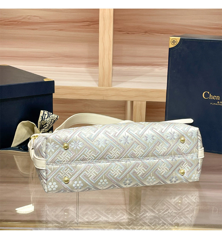 Hong Kong Genuine Leather Brocade Tote 2026 New Women's Popular High-end Large Capacity Shoulder Underarm Bag