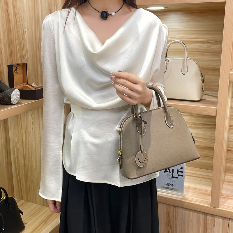 Light Luxury High-End Women's Semi-Handmade Elegant Bowling Shell 2025 New Genuine Leather Handheld Shoulder Crossbody Bag