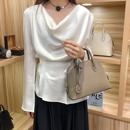 Light Luxury High-End Women's Semi-Handmade Elegant Bowling Shell 2025 New Genuine Leather Handheld Shoulder Crossbody Bag
