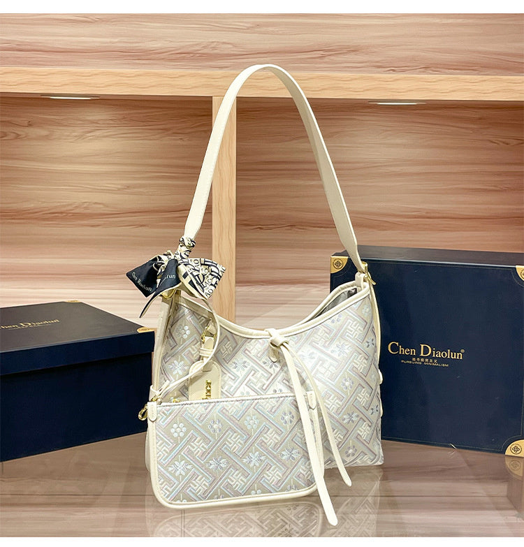Hong Kong Genuine Leather Brocade Tote 2026 New Women's Popular High-end Large Capacity Shoulder Underarm Bag