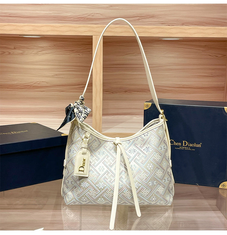 Hong Kong Genuine Leather Brocade Tote 2026 New Women's Popular High-end Large Capacity Shoulder Underarm Bag