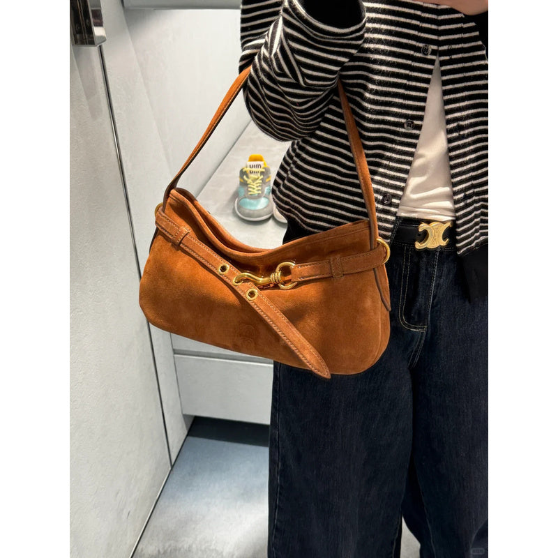 Miu Sheepskin Underarm Suede Commuter Vintage Handbag Shoulder Baguette High-Quality Texture Tote Bag