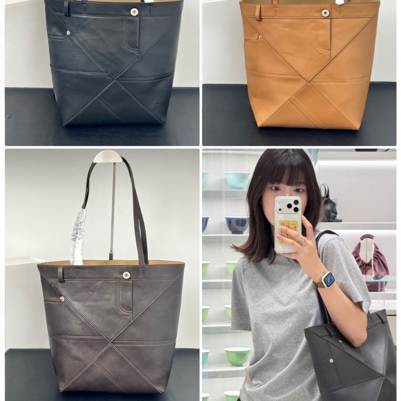 2026 Luojia New Top Layer Cowhide Foldable Geometric Large Capacity Genuine Leather Shoulder Fashion Tote Bag