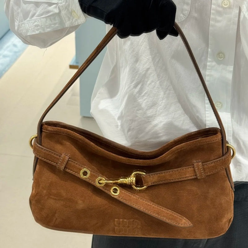 Miu Sheepskin Underarm Suede Commuter Vintage Handbag Shoulder Baguette High-Quality Texture Tote Bag