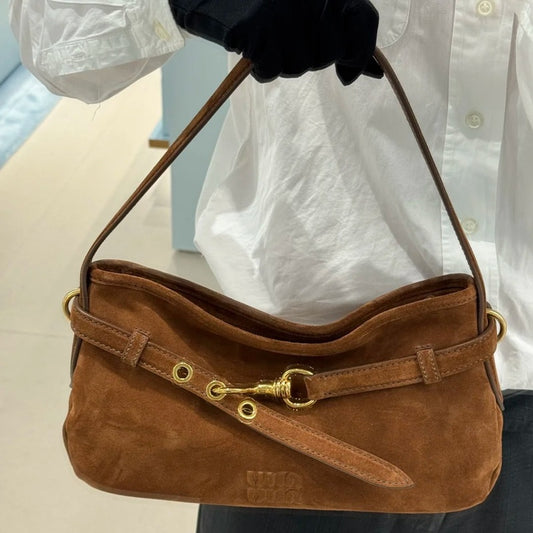 Miu Sheepskin Underarm Suede Commuter Vintage Handbag Shoulder Baguette High-Quality Texture Tote Bag