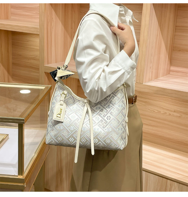 Hong Kong Genuine Leather Brocade Tote 2026 New Women's Popular High-end Large Capacity Shoulder Underarm Bag