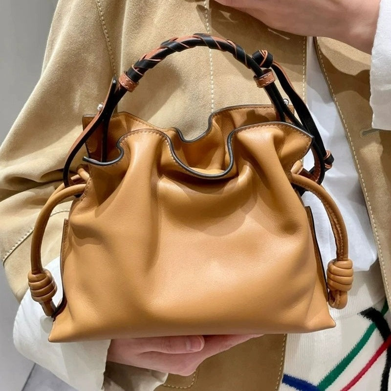 Luo's High-End Handheld Lucky Mini Small Bucket Drawstring Soft Genuine Leather Cloud Crossbody Women's Bag