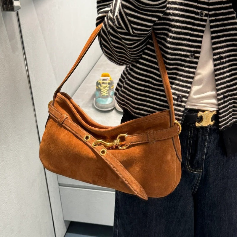 Miu Sheepskin Underarm Suede Commuter Vintage Handbag Shoulder Baguette High-Quality Texture Tote Bag