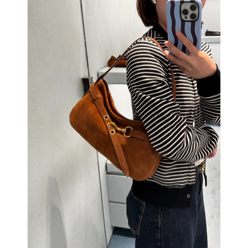 Miu Sheepskin Underarm Suede Commuter Vintage Handbag Shoulder Baguette High-Quality Texture Tote Bag