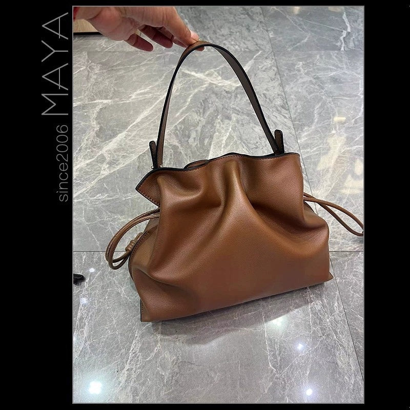 Luo's High-End Handheld Lucky Mini Small Bucket Drawstring Soft Genuine Leather Cloud Crossbody Women's Bag