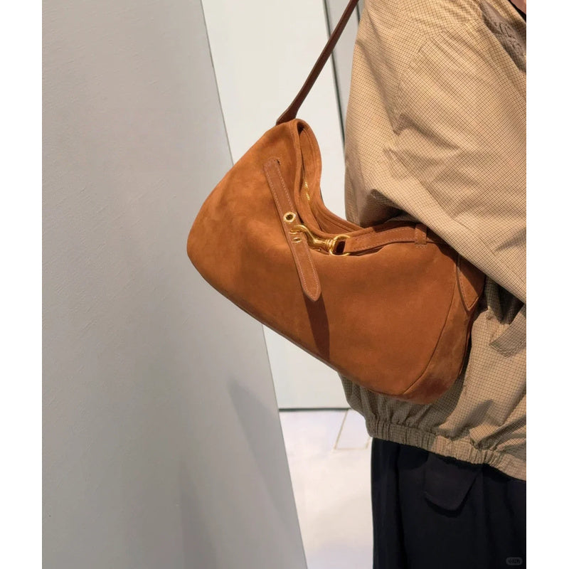 Miu Sheepskin Underarm Suede Commuter Vintage Handbag Shoulder Baguette High-Quality Texture Tote Bag