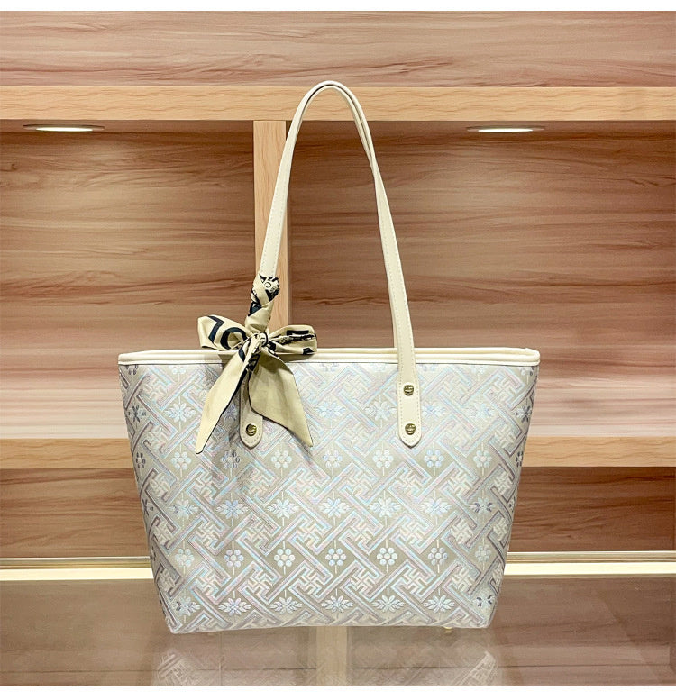 Commuting Large Capacity Tote 2026 Handbag New Chinese Style Brocade Shoulder Underarm Shopping Bag