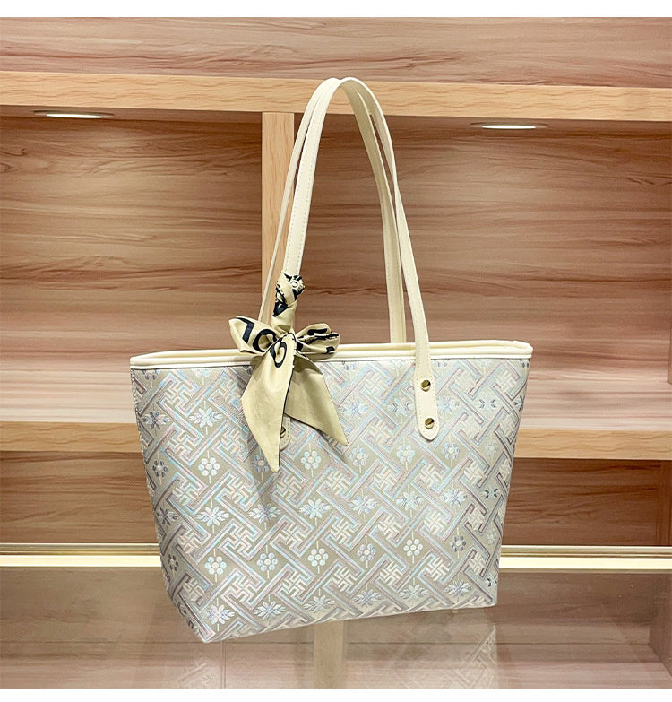 Commuting Large Capacity Tote 2026 Handbag New Chinese Style Brocade Shoulder Underarm Shopping Bag