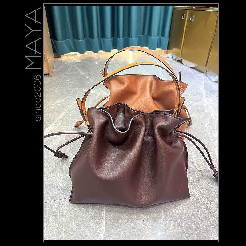 Luo's High-End Handheld Lucky Mini Small Bucket Drawstring Soft Genuine Leather Cloud Crossbody Women's Bag