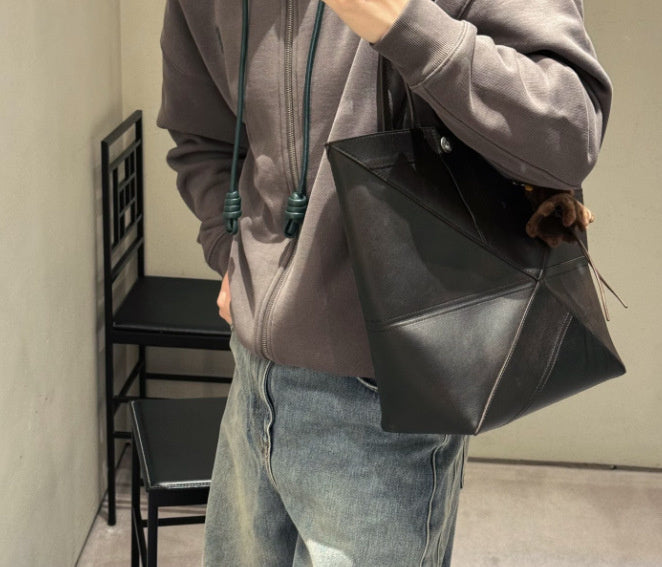 2026 Luojia New Top Layer Cowhide Foldable Geometric Large Capacity Genuine Leather Shoulder Fashion Tote Bag