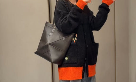 2026 Luojia New Top Layer Cowhide Foldable Geometric Large Capacity Genuine Leather Shoulder Fashion Tote Bag